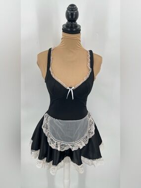 French maid black lace cosplay lingerie costume dress babydoll bodouir sexy S